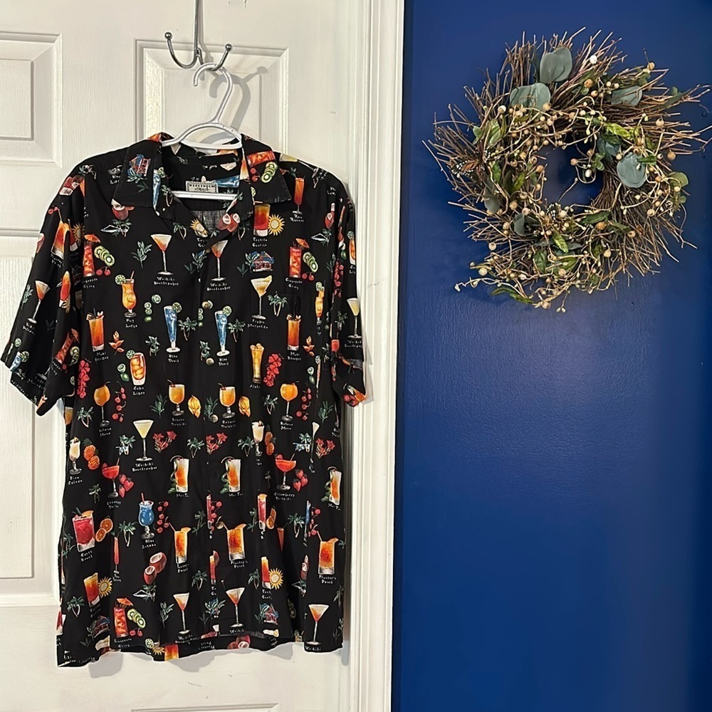 Men’s Vintage Weekender Traveler Hawaiian Cocktail Drinks Button Down Shirt Sz L